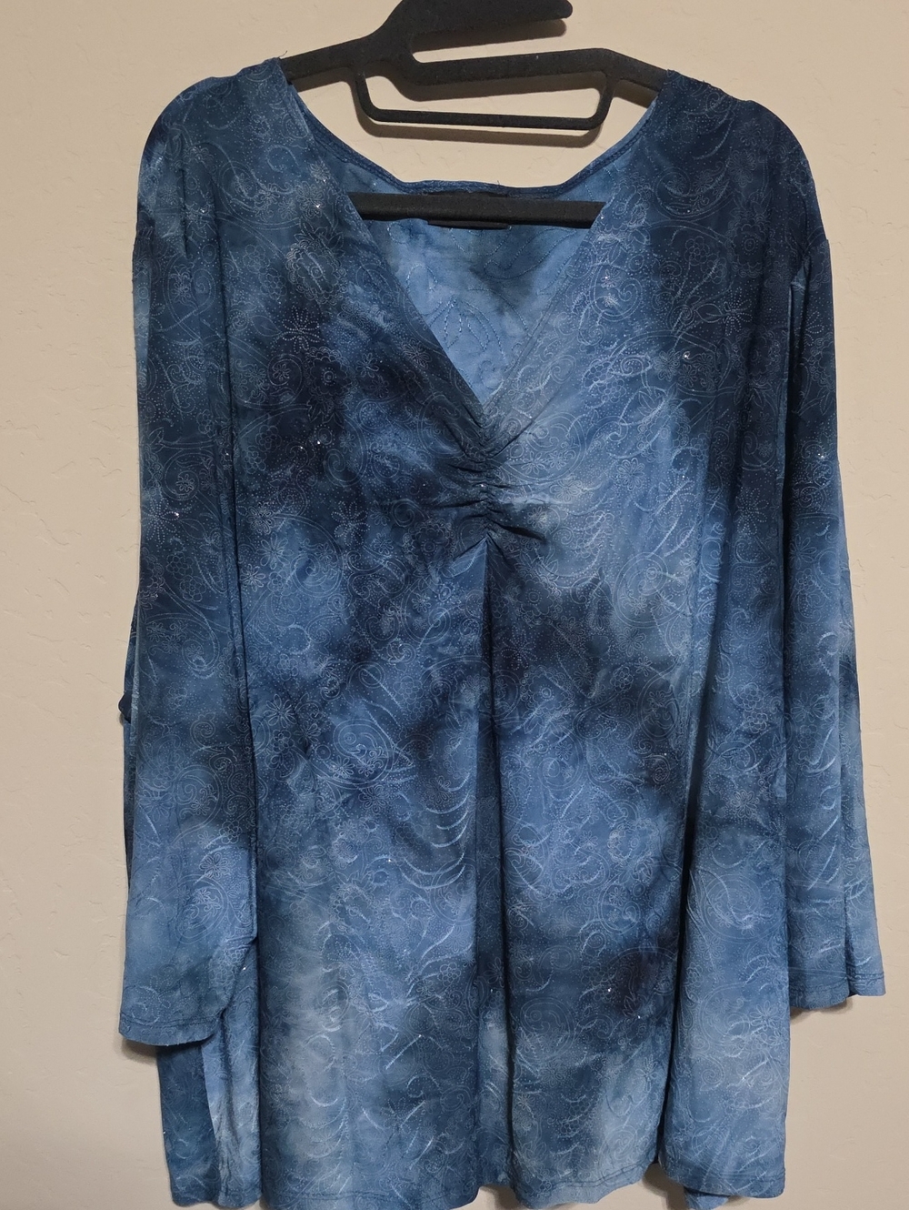 Blue V-Neck Women's Blouse - Casual Ruched Front